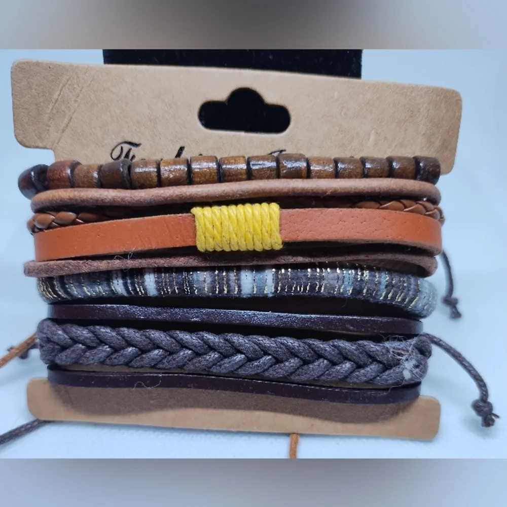 Men's Leather Bracelets Set 4pc Braided Layered Beaded Brown New f83‎